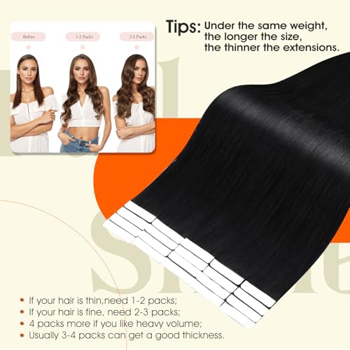 Image of Full Shine Insert Tape ins Human Hair Extensions Color 1 Black Tape in Extensions Human Hair Injection Seamless Skin Weft 22Inch Long Remy Straight 50Gram Add Length Brazilian 20Pcs