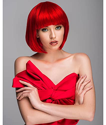 Image of LIULIUBTY Short Bob Hair Wigs Straight with Flat Bangs Synthetic Colorful Cosplay Daily Party Neon Wig for Women + Free Wig Cap 12 inch Natural As Real (Red)
