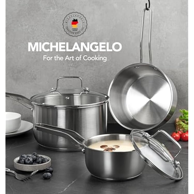 MICHELANGELO Stainless Steel Pots Set - 1QT & 2QT & 3QT Stainless Steel Sauce Pan with Lid, Induction Saucepan Set, Small Pots for Cooking - 6 Pcs
