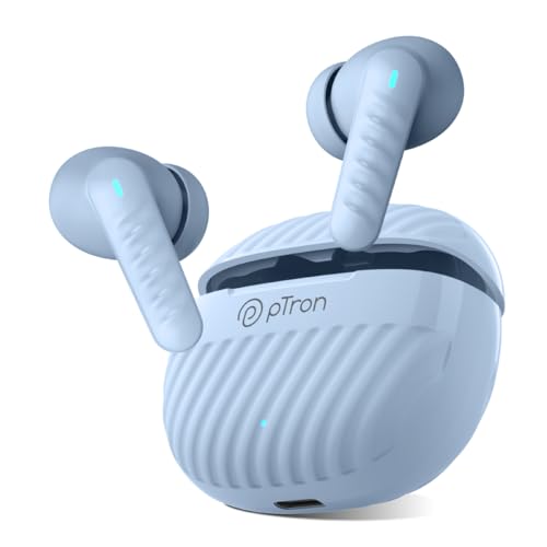 Image of pTron Bassbuds Bliss TWS Ear Buds w / 4 QuadPro Mics, 3D Audioscape, AI-ENC Calls, 40H Playtime, 50Ms Low-Latency Game /Music Modes, BTv5.3, Type C Fast Charging & IPX5 Water Resistant (Sky)