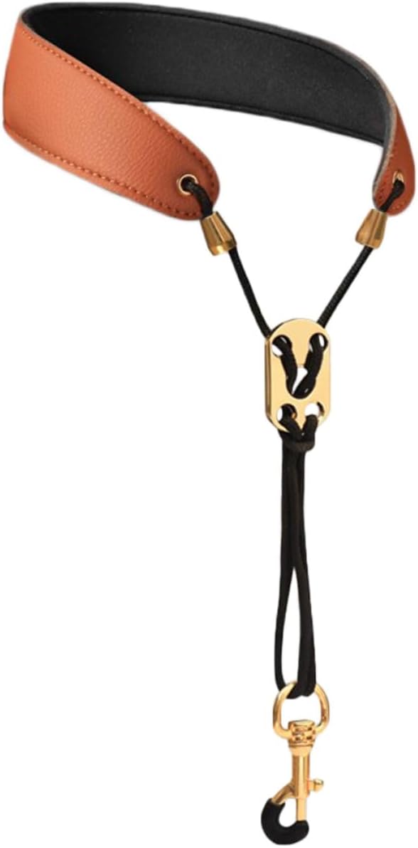 Leather Saxophone Neck Strap Adjustable Harness for Alto Tenor Saxophones with Brown Soft Neck Pad for Wind Instrument Players
