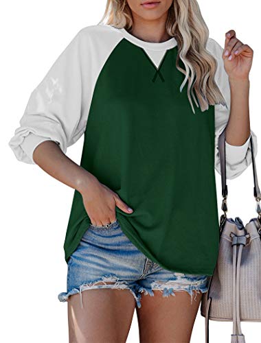 Minthunter Women's Long Sleeve Tops Lightweight Pullover Tunic Criss Cross Color Block Sweatshirt (Medium,Green)
