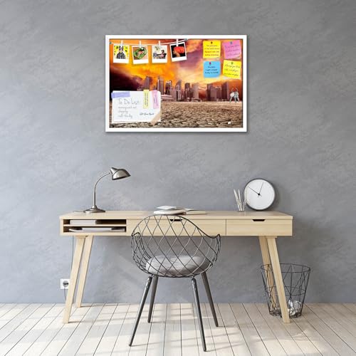 Image of ArtzFolio City Overlooking Desolate Desert | Bulletin Board Notice Pin Board | Vision Soft Board Combo with Thumb Push Pins & Sticky Notes | White Frame | 36 x 24 inch (91 x 61 cms)