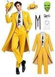 Men's Jim Carrey Cosplay Costume Jacket Coat Shirt Pants Hat Tie Yellow Uniform for Halloween Party (Yellow(Men) - Mask, X-Large)
