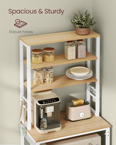 Image of VASAGLE Bakers Rack with Power Outlet, 23.6 Inches Coffee Bar for Kitchen with Storage, 6-Tier Kitchen Shelves with 6 Hooks, Microwave Stand, Industrial, Golden Oak and Cloud White UKKS124Y03