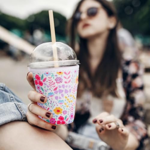 Image of Reusable Insulated Sleeve for Iced Coffee Cup, Coffee Neoprene Sleeve for Cold & Hot Drinks, Beverage Holder for Iced Coffee (Pastel Florals, Small: 16-18oz)