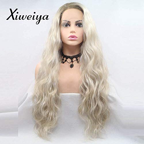 Xiweiya Long ombre Blonde curly Wig with brown root Long wavy Wig Synthetic Lace Front Wigs Long blonde middle part wig Soft Wig Heat Resistant Fiber Hair Replacement Wig for Women Drag Queen 24 Inch…