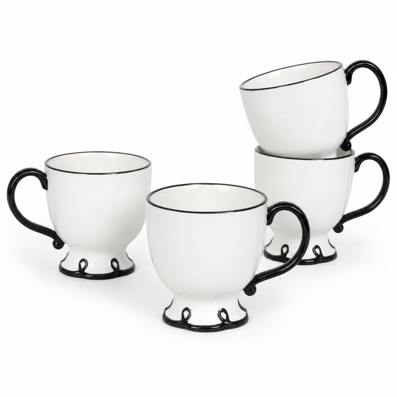 Image of SANGO Splash of Cheers Large Mugs Set of 4, 16 oz Stoneware Black and White Coffee Mugs, Ceramic Drinkware for Coffee or Tea, Durable Everyday Cups, Dishwasher & Microwave Safe, Scalloped Mug Set