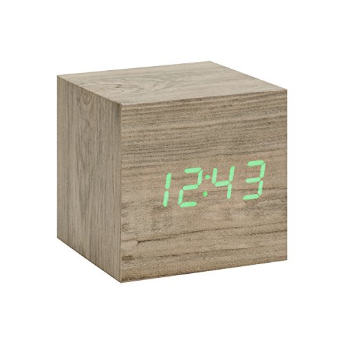 Gingko Cube LED Click Clock Alarm Clock With Sound Activation (Time, Date & Temperature), Ash/Green LED