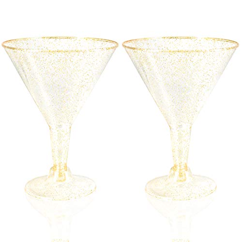 Liacere 24 Pack Gold Glitter Plastic Martini Glasses - 6.25oz Disposable Cocktail Glasses - Plastic Margarita Glasses Perfect for Wedding And Parties