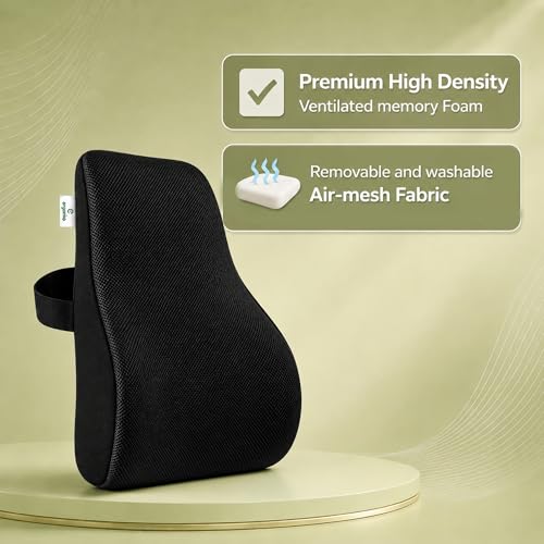 Image of Memory Foam Lumbar Back Support Cushion for Office Chair & Car Seat | Ergonomic Lower Back Pillow for Posture Support & Sitting Comfort | Breathable Cover | 1 Year Warranty (Black)