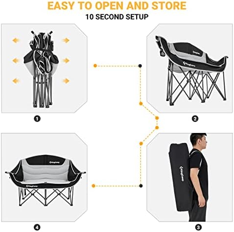 KingCamp Double Camping Chairs for Adults Heavy Duty Camping Chair 2 Seater with Cup Holder and Armrest Oversize Folding Garden Chairs for Camping Picnic Fishing Festival Football Concert Black