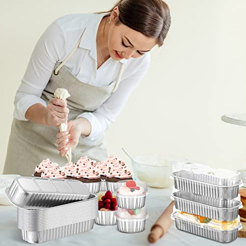 Eaasty 100 Pcs Mini Loaf Pans With Lids And Cupcake Liners With Lids, Rectangle Aluminum Foil Baking Pans Disposable Tin Loaf Pans Round Foil Cupcake Cups Foil Baking Cups For Cake Bakery (Silver) #TOP4