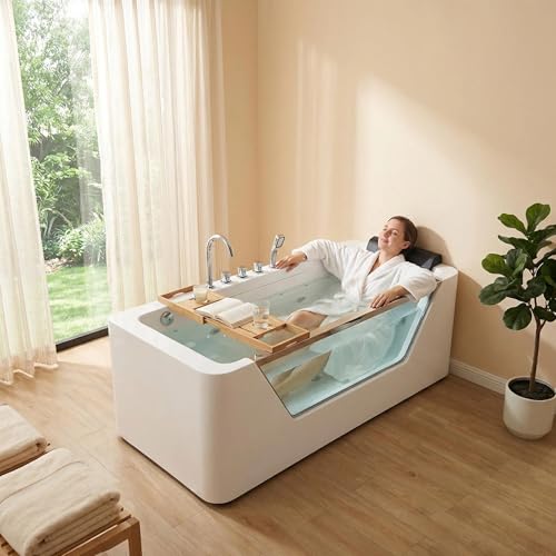FammyLoft 67" Whirlpool Tub Jetted Bathtub With LED Light, Single Person Spa Tub, Freestanding Acrylic Design With 7 Jets 750W Motor, 125° Reclining Soaking Depth 16 Inch, Glass Panel,Milk White
