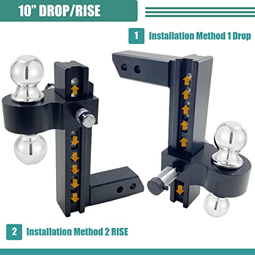 Aluminum Adjustable Trailer Hitch, Fits 2-Inch Receiver Only, 10-Inch Drop/Rise Drop Hitch 12,500 Lbs Gtw Tow Hitch For Heavy Duty Truck With Double Stainless Steel Locks Black #TOP2