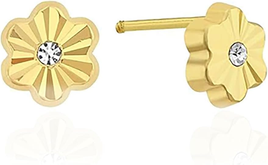 14K Real Yellow Gold Diamond Cut Stud Earrings for Women & Girls - Hypoallergenic for Sensitive Ears for Gifts