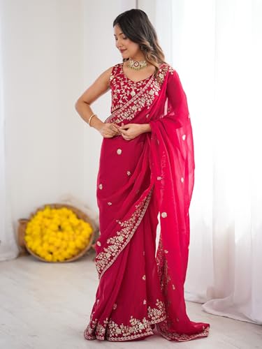 Image of Satrani Women's Tissue Silk Scalloped Border Sequins Embroidery Saree with Unstitched Blouse Piece