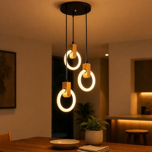 Image of Lampmaster 3-Ring LED Pendant Light | Modern Hanging Ceiling Lamp with Wooden Accent & Warm White Glow | Decorative Chandelier for Living Room, Dining Room, Bedroom, Restaurants & Cafe Interior