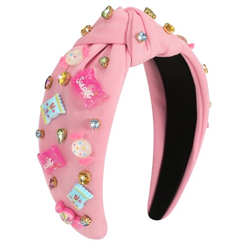 Gmmidea Candy Knotted Headbands for Women Cute Rainbow Lollipop Cupcake Charm Headband Beaded Wide Top Knot Birthday Hairband Sweet Candy Hair Accessories
