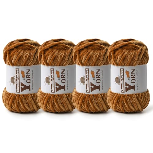 Image of 4 Pack Plush Chenille Chunky Yarn - Fluffy Velvet Yarn Crochet for Blanket Knitting and Crocheting - Soft Baby Yarns for Crocheting - Amigurumi Crochet Yarns 100g (87yds) (4 Brown)