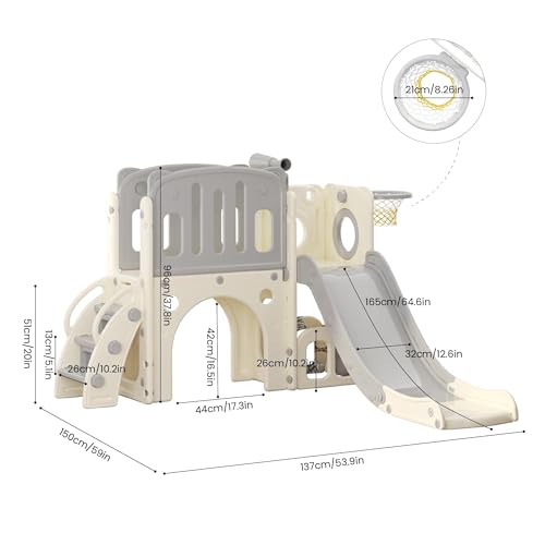 hoopyosms Kinder Rutsche mit Klettergerüst, Basketballkorb und Tunnel, Indoor-Kunststoffrutschenset für Kinder, Montessori-Spielzeug für den Spielplatz, Grau