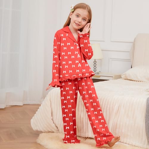 QPANCY Girls Pajamas Sets Ruffle Long Sleeve Button Down Sleepwear Loungewear kids 2 Piece Pjs Set3