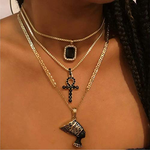Ckecharfa Boho Africa Layered Necklaces Gold Gothic Nefertiti Egyptian Queen Pendant Necklace Gemstone Choker Necklaces Rave Party Adjustable Neck Chain Jewelry for Women