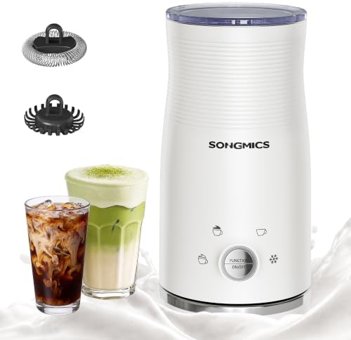 SONGMICS Elektrischer Milchaufschäumer, 4 in 1, 300 ml | Milchschäumer, Edelstahl, 10,5 x 10,5 x 20,3 cm, Antihaftbeschichtung, Wolkenweiß XNP001W1EU