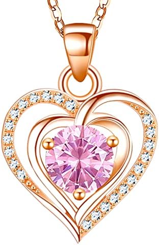 RIVIKO Heart Birthstone Pendant Necklace for Women 925 Sterling Silver Zirconia Rose Gold Plated October Necklaces Christmas Valentine's Day Mothers Day Jewelry Gifts For Girls Mother Wife