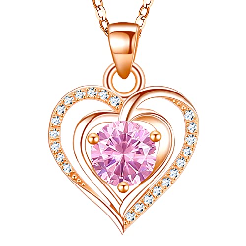 Riviko Heart Birthstone Pendant Necklace For Women 925 Sterling Silver Zirconia Rose Gold Plated October Necklaces Christmas Valentine's Day Mothers Day Jewelry Gifts For Girls Mother Wife #TOP3