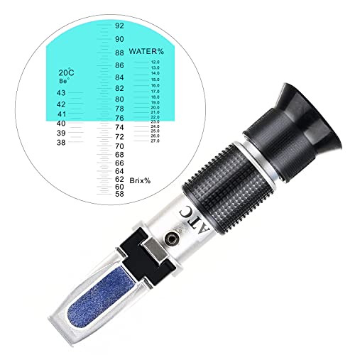 Brix Meter Refractometer, LEERCHUANG Triple Scale Honey Tester (Water Content: 12-27%, Brix: 58-92%, Be': 38-43), Handheld Brix Refractometer for Honey, Maple Syrup, Molasses & Bee Keeping