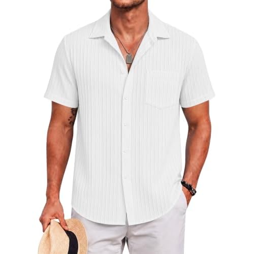 XS-6XL Mens Casual Button Down Shirts Short Sleeve Textured Beach Shirt Top