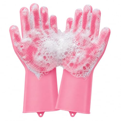 Forliver Silicone Dishwashing Gloves with Bristles - 13.6" Extended Forearm Protection, Scrubber Gloves for Dishwashing, Dog Bathing & Pet Deshedding, Pink