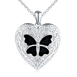 Herz Foto Kette Silber 925: Halskette Damen Schmetterling Medaillon zum Öffnen für Bilder-Tiere Anhänger Ketten Mode Amulett Schmuck-Personalisierte Geschenk für Frauen Mama Freundin Mädchen Schwarz
