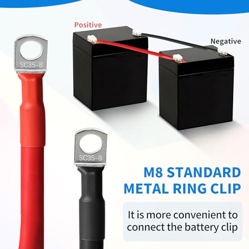 SWAWIS 2 Piezas Cable Bateria Coche M8 100cm Cable 35mm² Cable de Batería 12V/24V con Terminales de Anillo para Solar Moto Cable de Batería de Coche a Tierra, Negro + Rojo - imagen 4