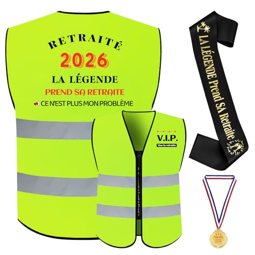 BORISCA 3 Pcs Cadeau Retraite Homme, 1 Gilet Jaune Depart en Retraite+ 1 Echarpe Retraite Homme+ 1 Médaille Retraite Homme, La Légende Prend Sa Retraite 2026