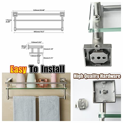 Alise Bathroom Shelves Glass Shelf With Bar,Wall Mount Floating Shelves For Bathroom,Tempered Glass Rack Holder Storage Organizer,Sus304 Stainless Steel Brushed Nickel #TOP5
