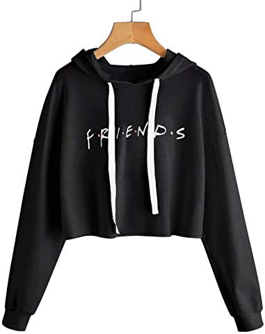 Women’s FRIENDS Printed Cropped Hoodie Casual Letter Printed Crop Tops Active Hooded Cropped Pullover