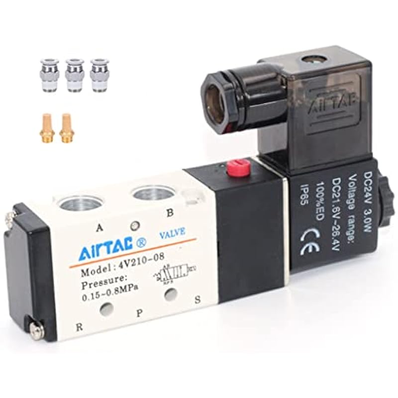 Solenoid Valve 1/4PT Pneumatic AirTAC 4V210-08 Air 12V/24V/110V/220V Single Coil Pilot-Operated Electric 2 Position 5 Way Connection Type (4V210 PT1/4, DC24V) 4V210 PT1/4 DC24V