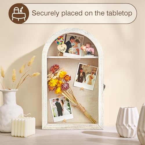 Image of DGWJSU Shadow Box Frame 10x16 Large Shadow Boxes Display Cases with Linen Back and Removable Shelves, Picture Frame Wedding Bouquet Memorabilia Medals Photos Memory Box for Keepsakes (White)