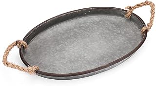 BSTKEY Metal Iron Tray Oval Serving Tray, Industrial Farmhouse Style Tray Organizer with Rope Handle, Glitzhome Galvanized Serving Tray Tin, 39 x 25cm