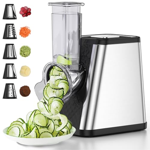 Comparison: Best Electric Vegetable Grater 11 AERVOCE Electric Cheese Grater - 5in1 Cheese Shredder With Container for Kitchen.Upgraded Electric Vegetable Chopper for Block Cheese,Salads and Fried Potatoes