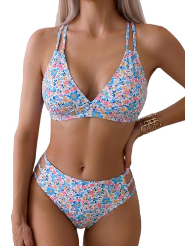 Image of Fanuerg Women's Sexy V Neck Bikini Sets Hollow Out Two Piece Swimsuits Cutout Mid Waist Bathing Suit