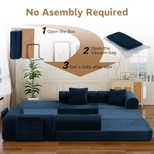 Image of 142 inch 7-in-1 Convertible Modular Sectional Sofa Bed, Blue | Corduroy Fabric, Reinforced Frame, Deep Seat, Storage Bag, Tool-free Assembly for Living Room