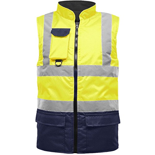 Hi Viz Bodywarmer Reversible Fleece Lined High Visibility Gilet Hi Vis Reflective Waterproof Workwear Padded Vest Security Safety Wear Warm Waistcoat (UK, Alpha, XL, Regular, Regular, Yellow/Navy)