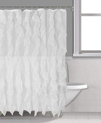 Sapphire Home Cascade Shower Curtain, Fabric Ruffle Shower Curtain, 70" x 72" Inches, Sheer Voile Vertical Ruffled Bathroom Shower, (Cascade, 70"x72", White)