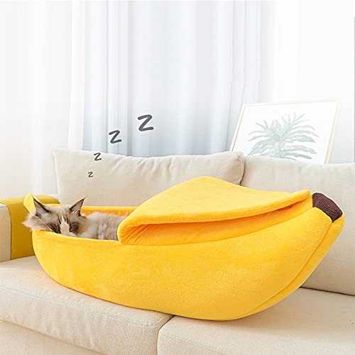 Cama de cachorro em formato de banana, casa de caverna semi-fechada, gatinho fofo, interior quente,