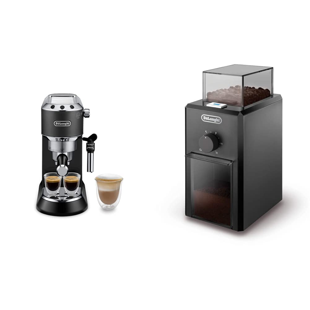DELONGHI Dedica Style, Machine expresso pour préparer des boissons café et lactées, Noir & Moulin à Café Electrique, Broyeur pour Grains de Café avec Réservoir d'une Capacité de 120 g, 110 W, Noir