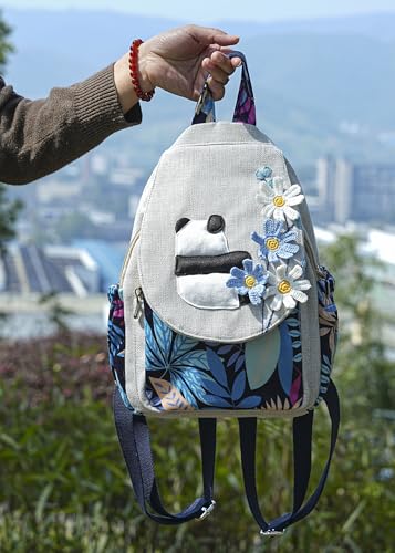 Image of Small Canvas Backpack, Retro Boho Washed Hippie for Women Daily Commute (Panda Decorations)
