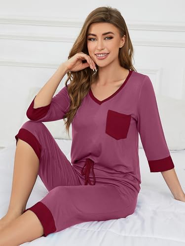 KORSIS Womens Pajama Sets Fall 2 PJ Set Stretchy Sleepwear Purple Red Medium 3/4 Sleeve Tops and Waist Adjustable Capri Pants with Pockets — view 4